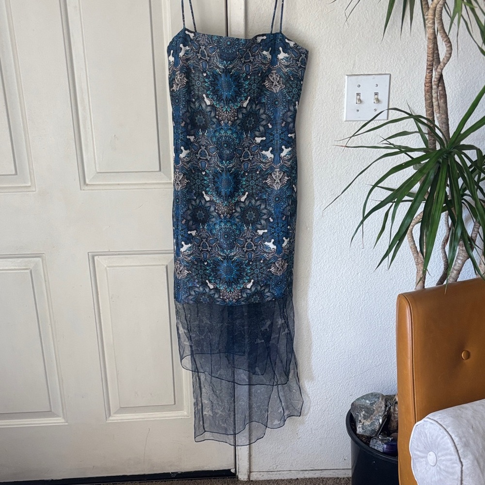 Helmut Lang Navy Patterned High Low Dress